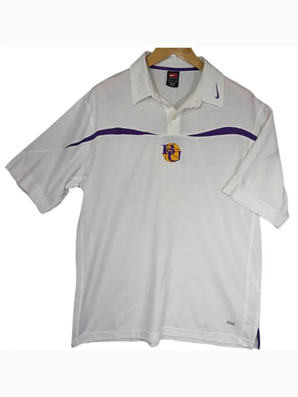 NEW Nike Dri-Fit White Polo Golf Shirt Mens Medium Basketball Logo Purple BU